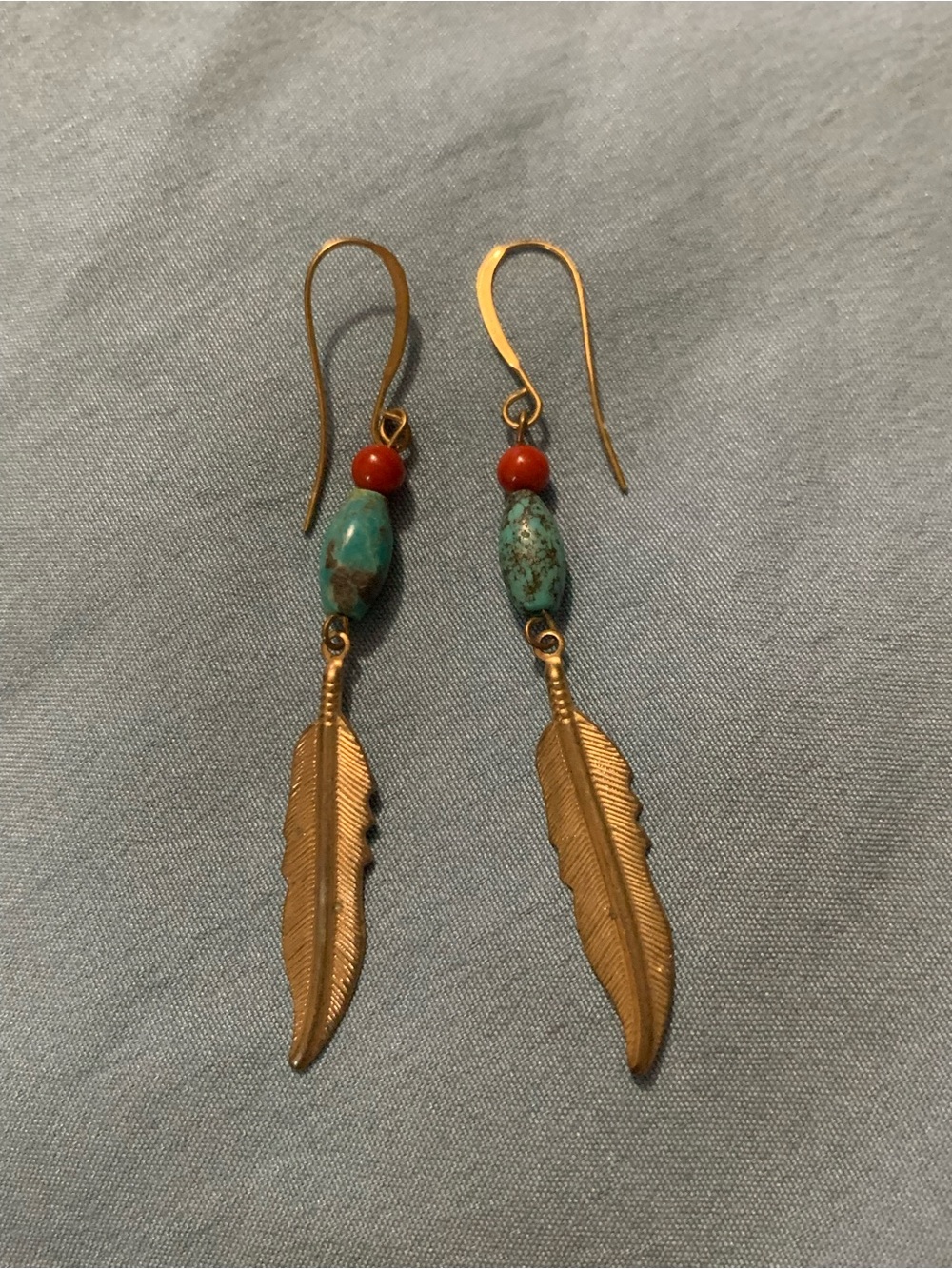 Gold Feather Drop Earrings with Turquoise and Coral Beads